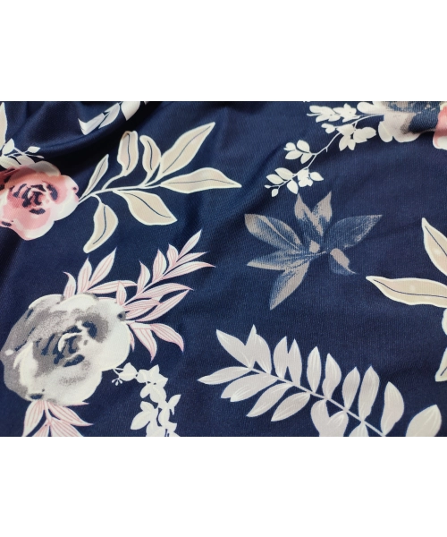 Granatowa elastyczna dzianina Jersey - pudrowe kwiaty - kupon 2,40m